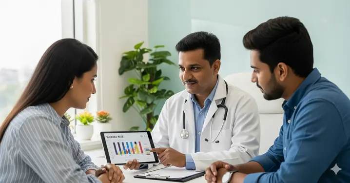 IVF Success Rate in Vapi – Doctor explaining success chart to a couple at iSHA Hospital
