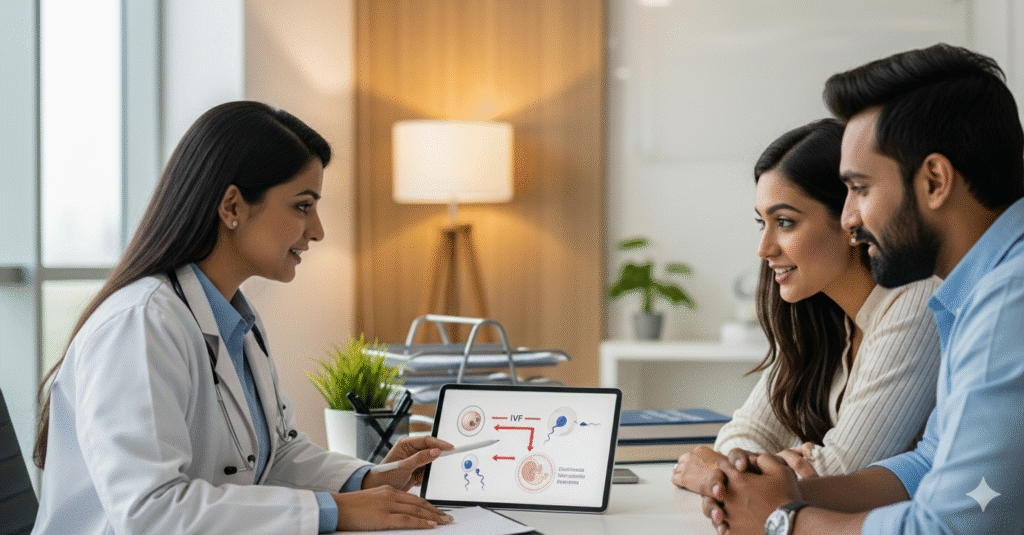 Fertility doctor explaining IVF myths and facts to a couple at iSHA Hospital Vapi