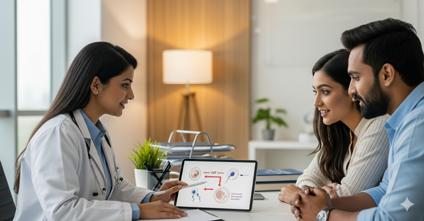 Fertility doctor explaining IVF myths and facts to a couple at iSHA Hospital Vapi