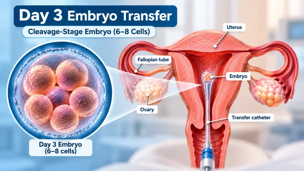 Day 3 cleavage-stage embryo with 6–8 cells shown during embryo transfer into the uterus