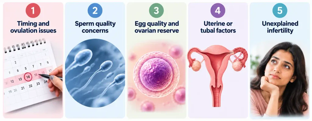 Common reasons IUI cycles fail, including ovulation, sperm quality, egg quality, and tubal factors.