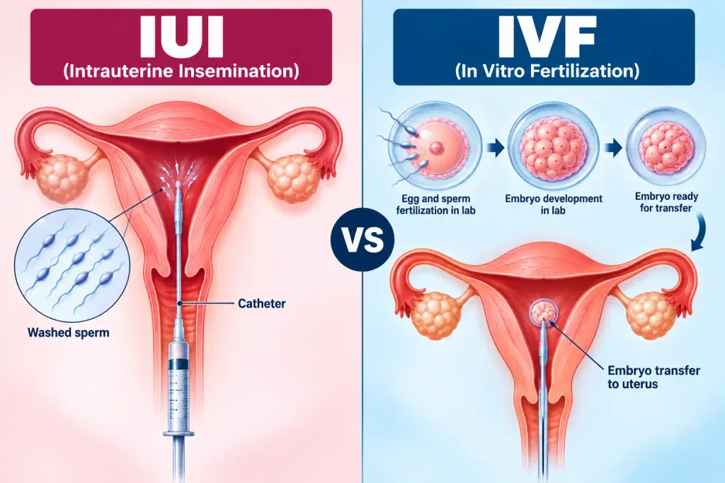 Medical comparison of IUI and IVF showing sperm placement into the uterus during IUI and laboratory fertilization followed by embryo transfer during IVF.
