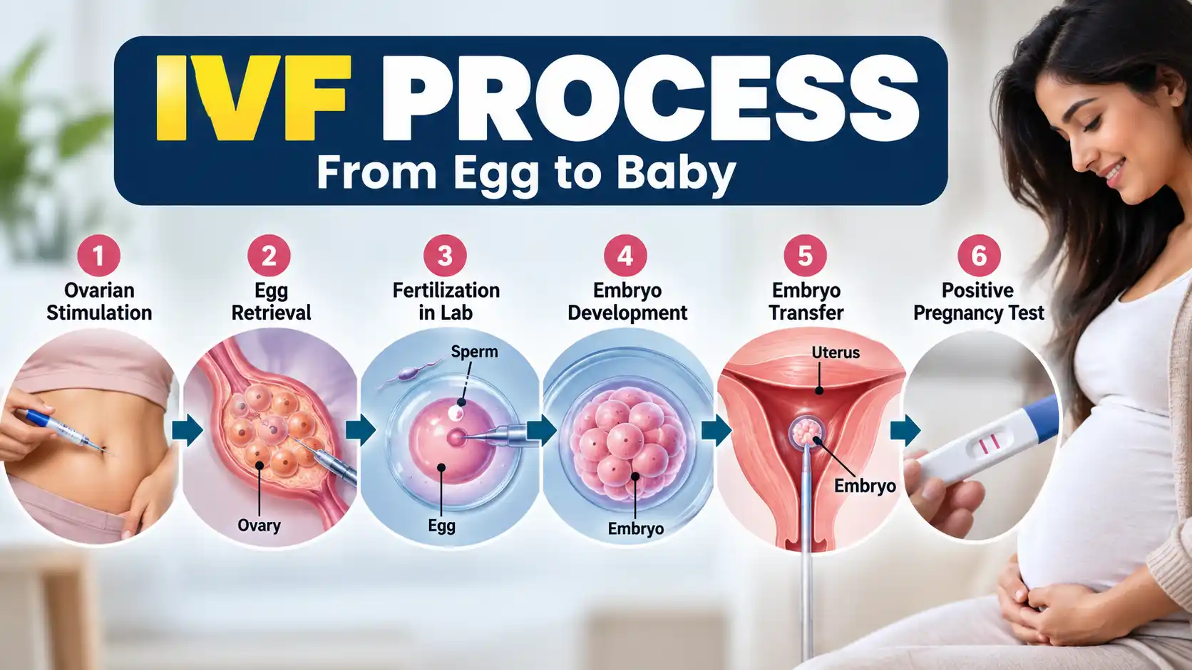 IVF process showing ovarian stimulation, egg retrieval, laboratory fertilization, embryo development, embryo transfer, and pregnancy testing.