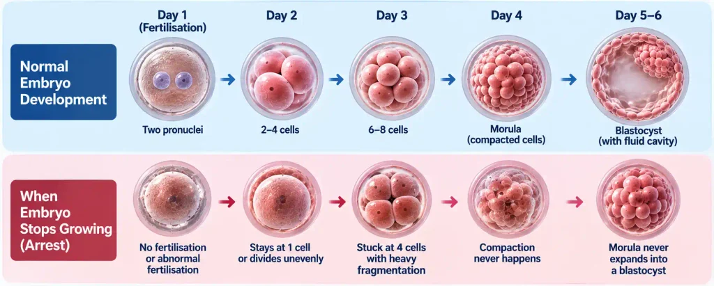 IVF embryo development from Day 1 to Day 5 showing normal growth and embryo arrest
