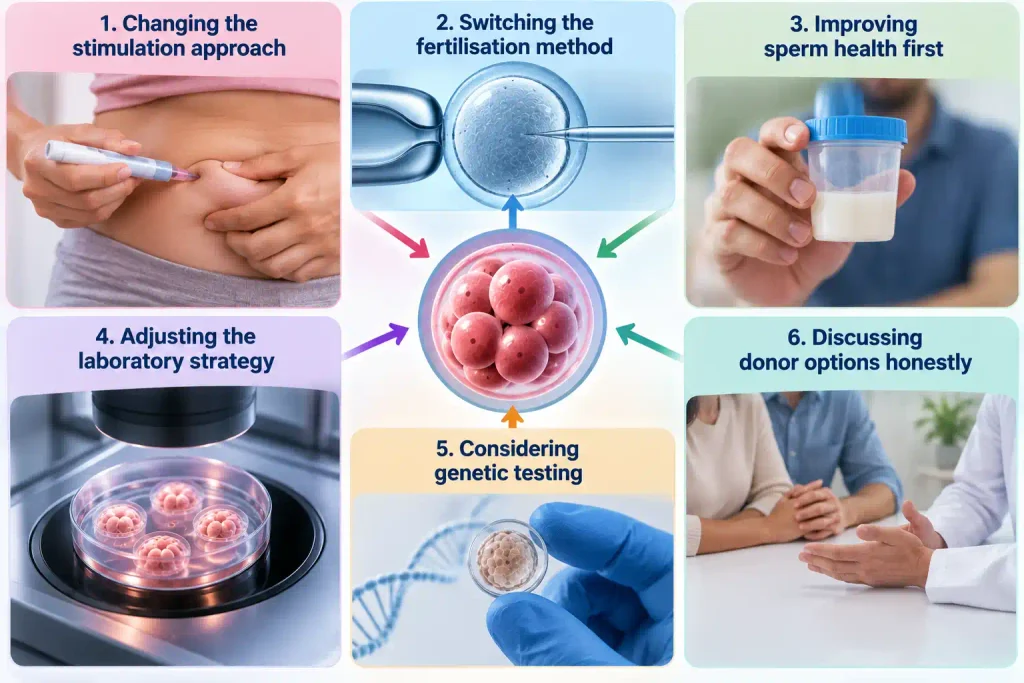 IVF treatment adjustments after an embryo stops growing before blastocyst
