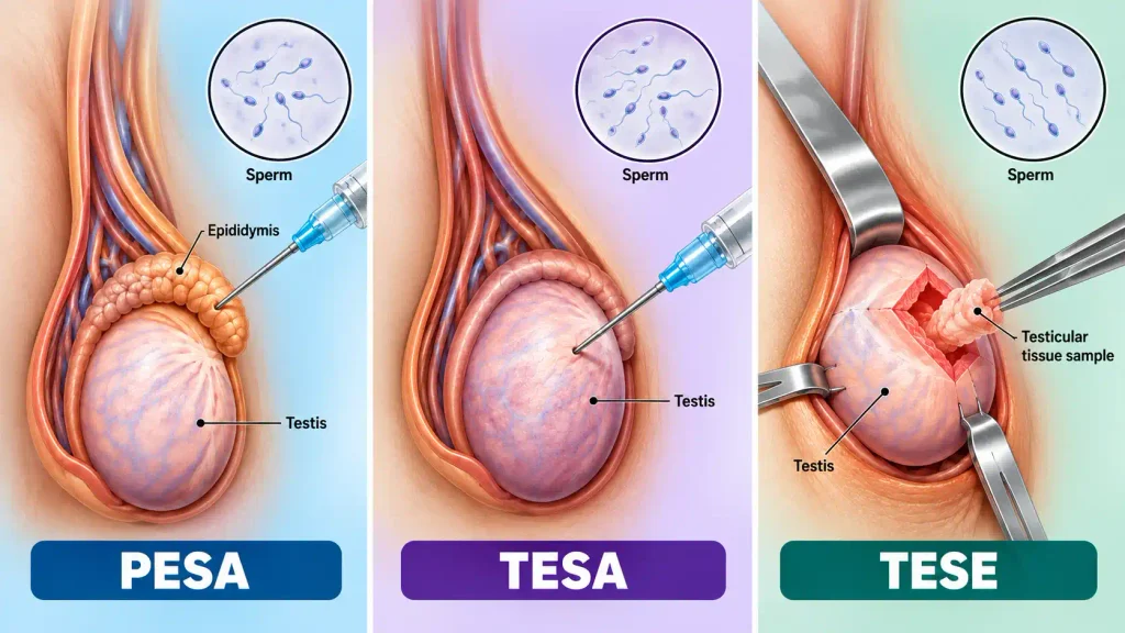 Medical illustration comparing PESA, TESA and TESE sperm retrieval methods