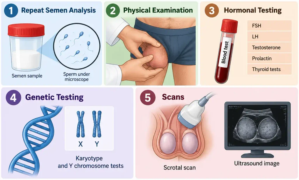 Medical illustration showing semen analysis, physical examination, hormone testing, genetic testing, and scans for severe male infertility in Vapi.