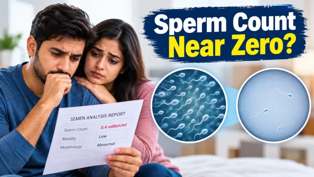 Medical illustration showing a couple reviewing a very low sperm count and sperm viewed under a microscope.