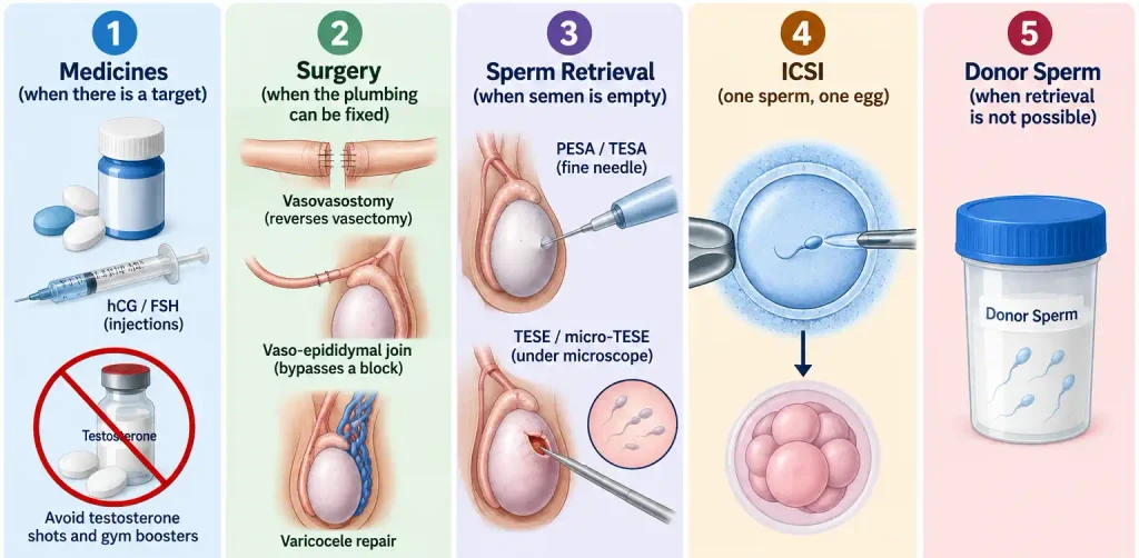 Medical infographic showing medicines, microsurgery, sperm retrieval, ICSI, and donor sperm options for severe male infertility in Vapi.