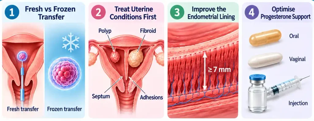 Medical infographic showing seven options before the next embryo transfer, including uterine treatment, lining support, progesterone, single embryo transfer, genetic screening and lifestyle changes.