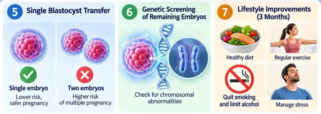 Medical infographic showing seven options before the next embryo transfer, including uterine treatment, lining support, progesterone, single embryo transfer, genetic screening and lifestyle changes.