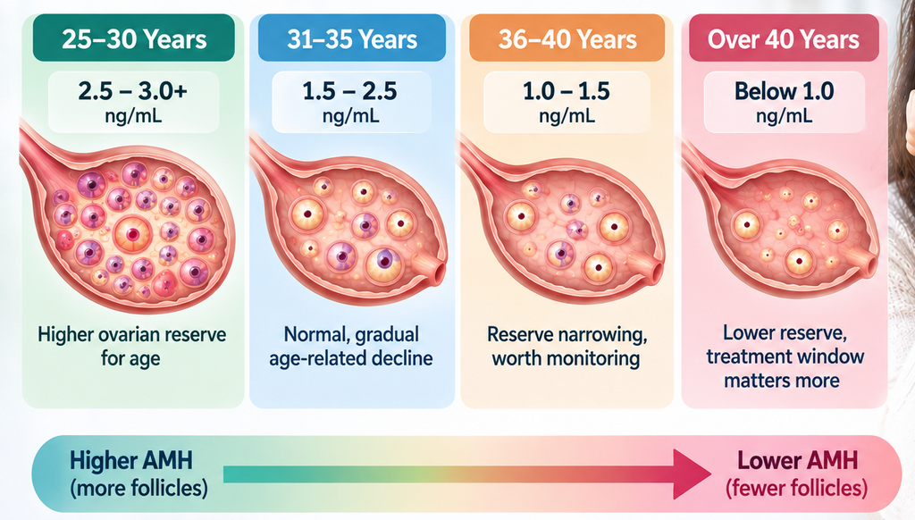 Diagram showing AMH levels and ovarian reserve changes across different age groups