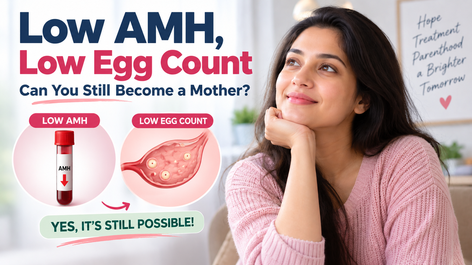 Low AMH and low egg count fertility infographic showing ovarian reserve and pregnancy options