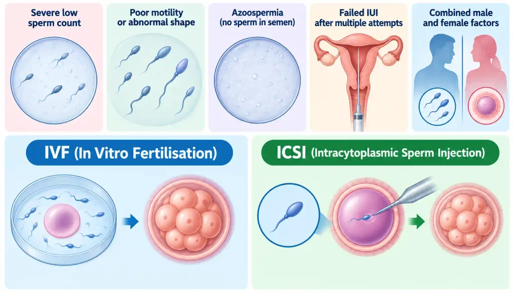 IVF and ICSI options for low sperm count, showing common fertility factors and how sperm and eggs are combined or fertilised in the laboratory.