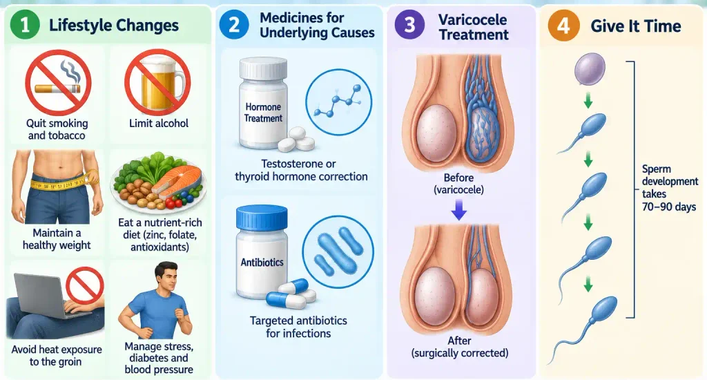 Low sperm count treatment options including lifestyle changes, medicines, varicocele treatment, and sperm development