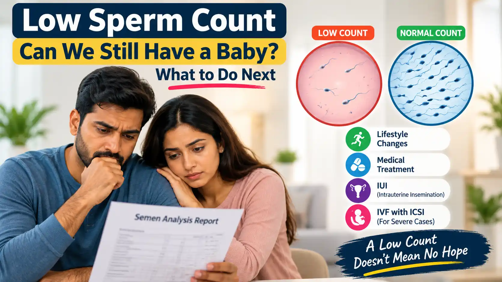 Couple discussing a low sperm count report and fertility treatment options