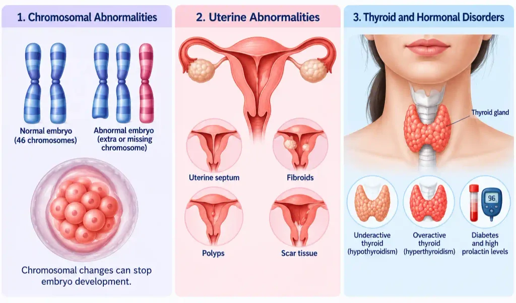 Chromosomal, uterine, thyroid and hormonal problems are important causes doctors consider when evaluating recurrent miscarriage.