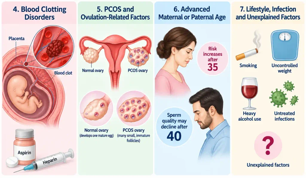 Medical illustration showing blood clotting disorders, PCOS, parental age, lifestyle factors and unexplained recurrent miscarriage causes
