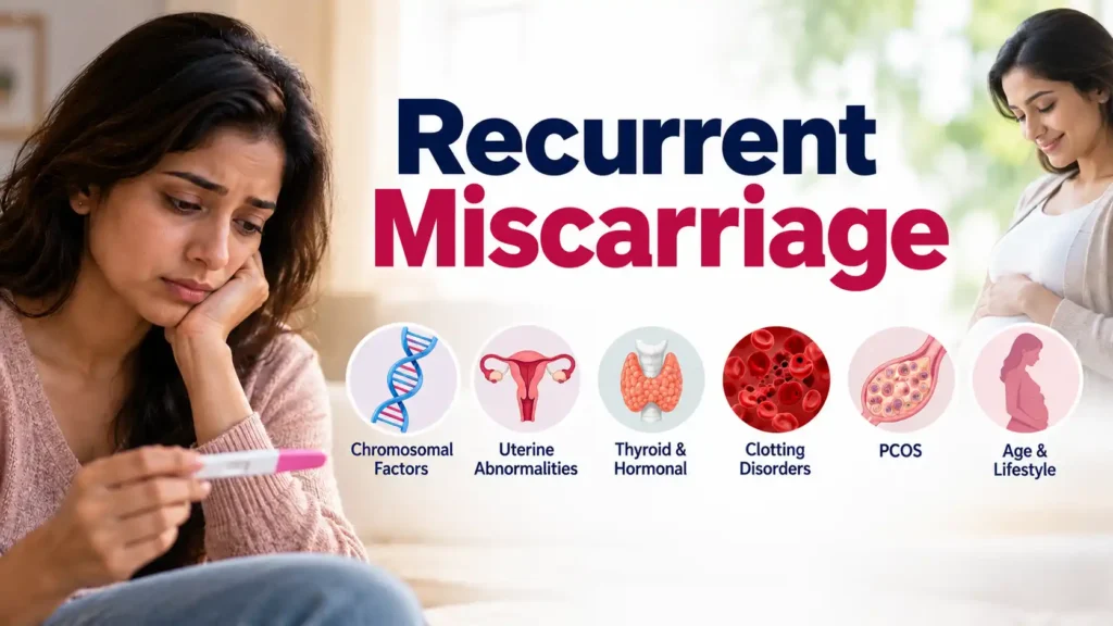 Recurrent miscarriage causes including chromosomal abnormalities, uterine problems, thyroid disorders, clotting disorders, PCOS, age and lifestyle factors