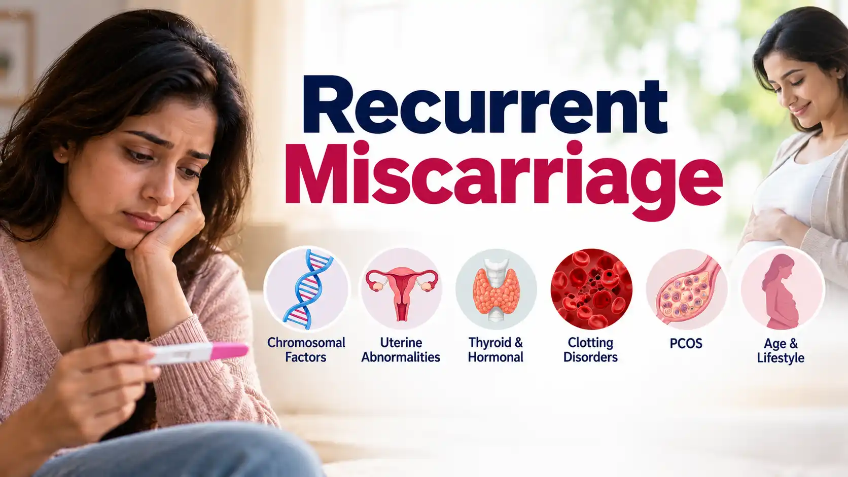 Recurrent miscarriage causes including chromosomal abnormalities, uterine problems, thyroid disorders, clotting disorders, PCOS, age and lifestyle factors