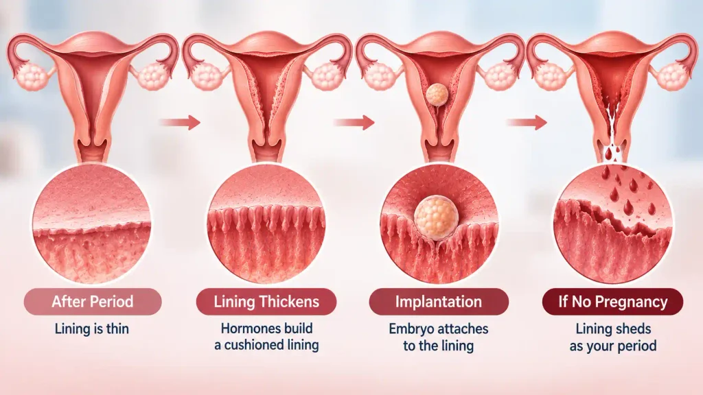 Uterine lining thickening during the menstrual cycle, embryo implantation, and shedding when pregnancy does not occur.