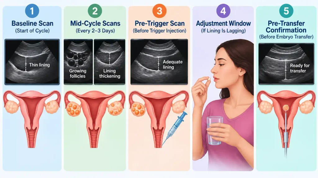 Five stages of uterine lining monitoring during an IVF cycle from baseline scan to embryo transfer.