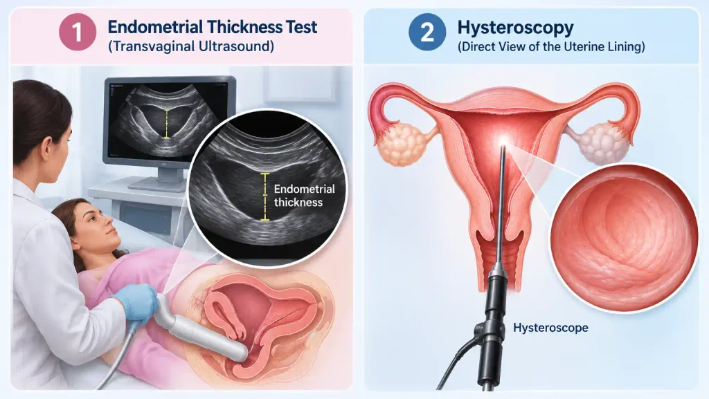Transvaginal ultrasound measuring endometrial thickness and hysteroscopy examining the uterine lining.