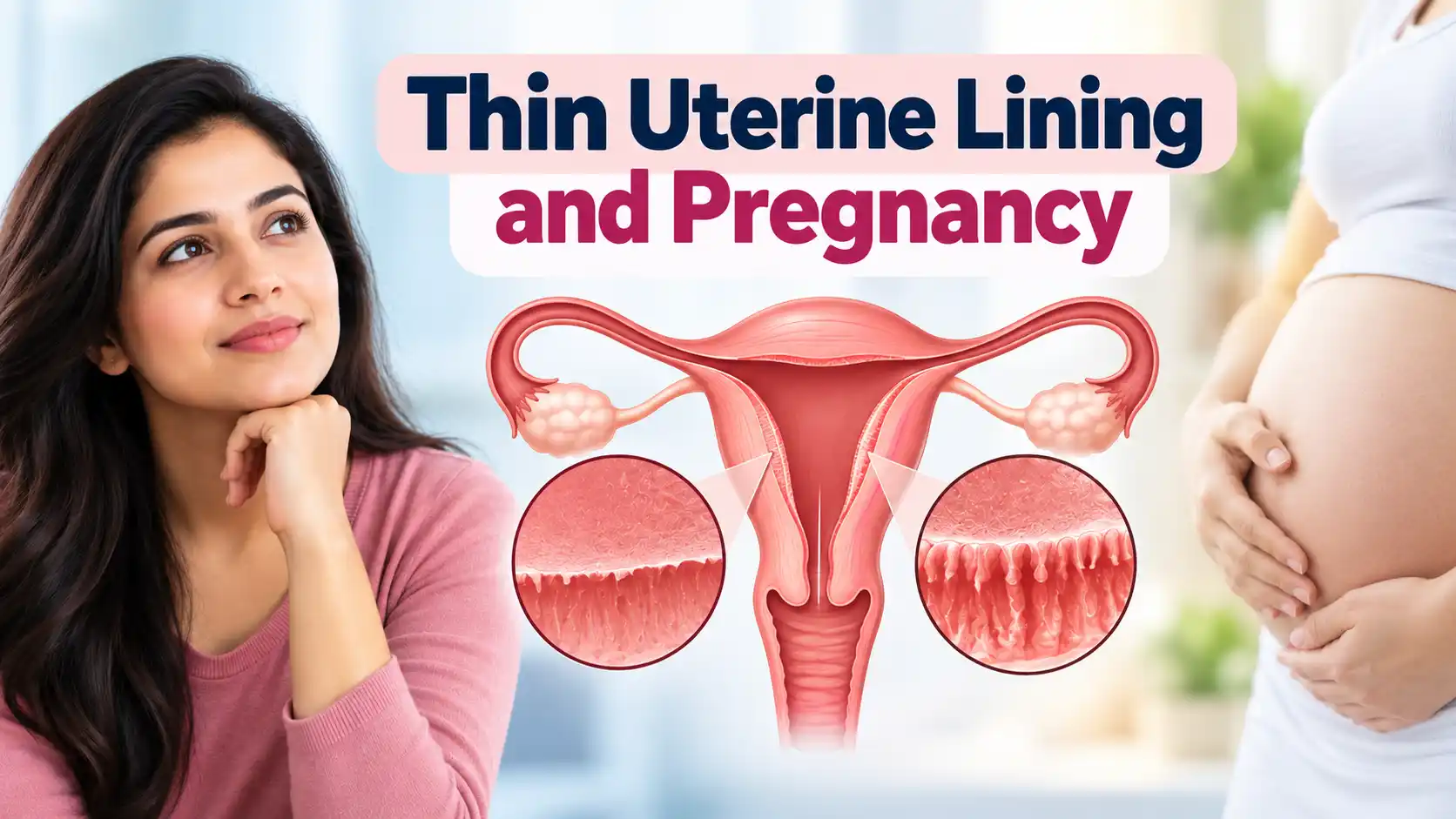 Medical infographic showing a thin uterine lining compared with a healthy endometrium and its relevance to pregnancy.
