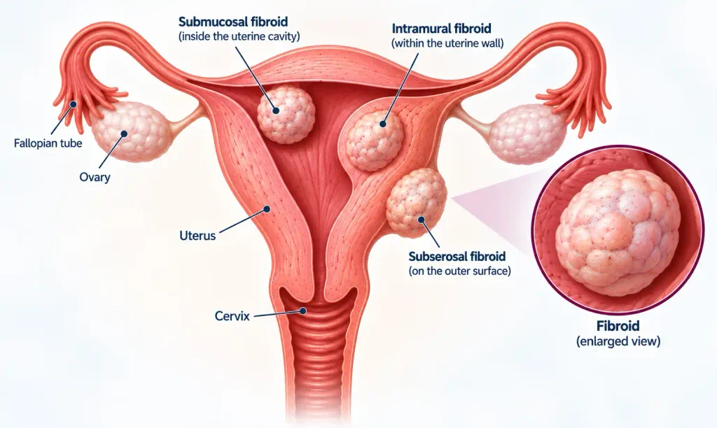 Medical illustration showing uterine fibroids developing in different areas of the uterus