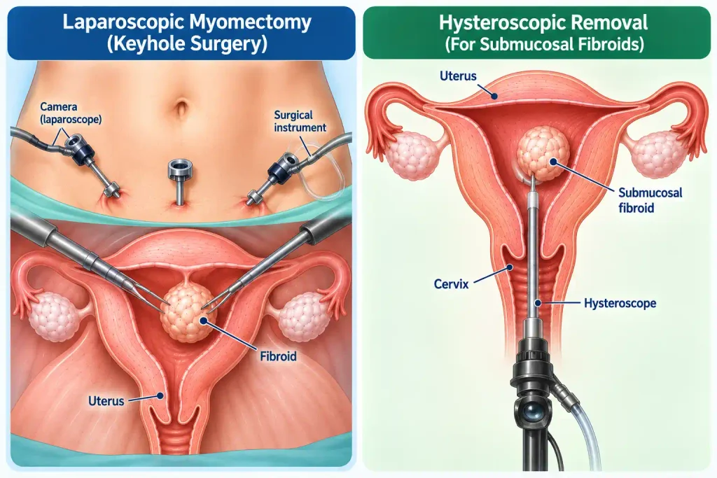 Medical illustration comparing laparoscopic myomectomy and hysteroscopic removal of uterine fibroids
