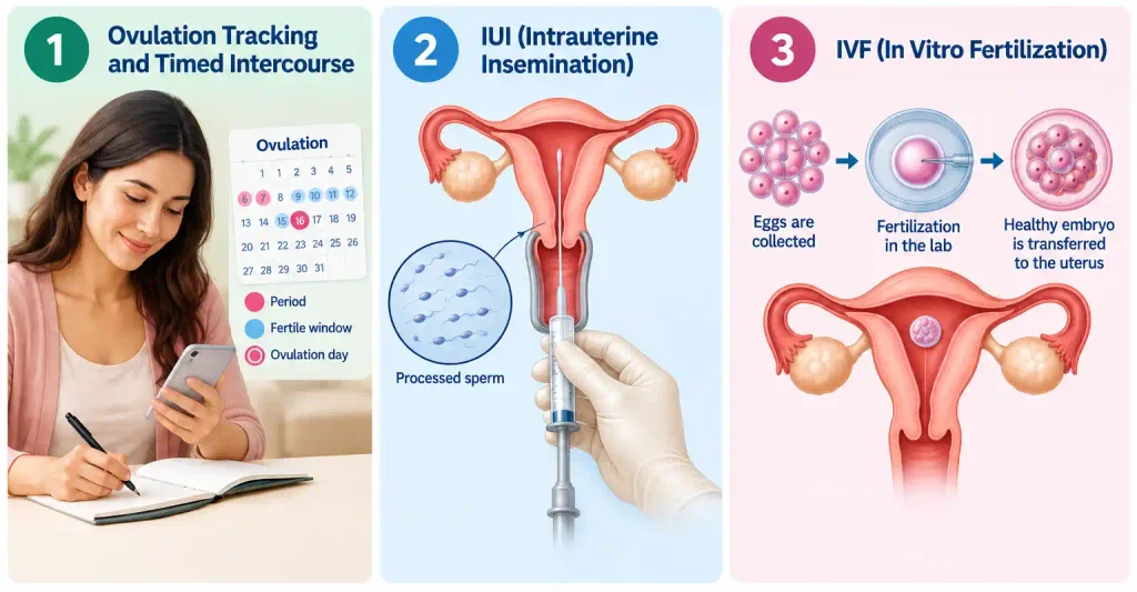 Fertility treatment after 35 showing ovulation tracking, IUI, and IVF options for conception.
