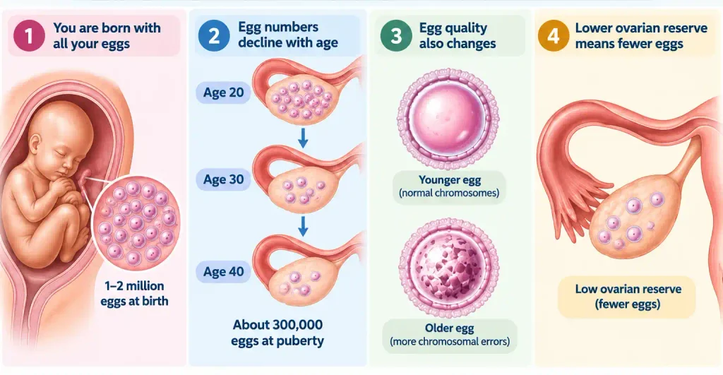 Medical illustration showing how egg quantity and egg quality change with age and how lower ovarian reserve means fewer remaining eggs.